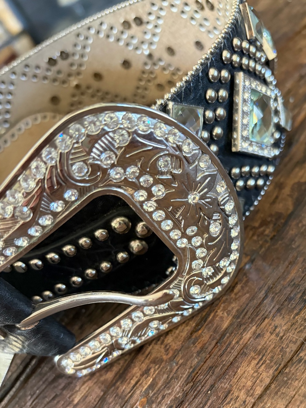 Women's Black Crystal Western Belt with Ornate Silver Buckle small